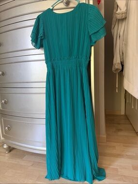 Zara Teal Pleated Maxi Dress with Short Flutter Sleeves
